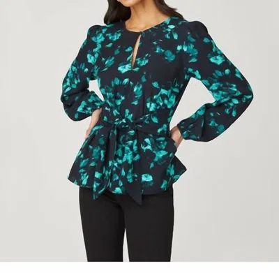 Shoshanna Zen Long Sleeve Blouse In Teal And Jet In Green