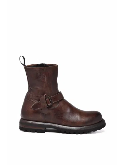 Shoto Brown Leather Buckle Boots In Black