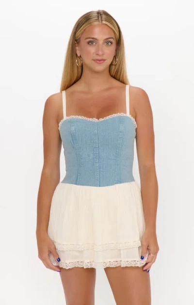 Show Me Your Mumu Geneva Sleeveless Mini Dress In Light Indigo With Cream Voile In Multi