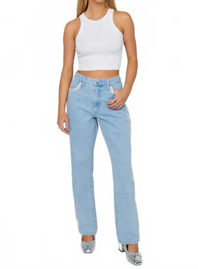 Show Me Your Mumu Icon Straight Leg Jeans In Indigo Rhinestone Trim In Blue