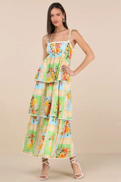 Show Me Your Mumu Peyton Green And Blue Floral Tiered Midi Dress
