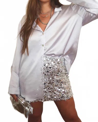 Show Me Your Mumu Smith Button Down Shirt In Silver Luxe Satin In White