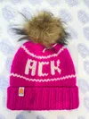 SHT THAT I KNIT ACK-HAND KNIT HAT IN PINK WITH WHITE