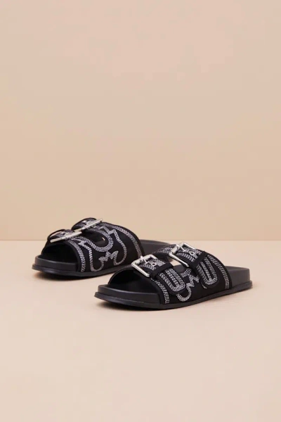 Shu Shop Devon Black Suede Western Embroidered Buckle Slide Sandals