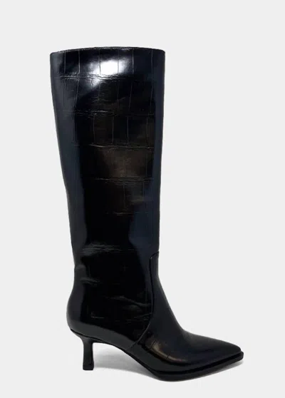 Shu Shop Women's Vanessa Pointed Toe Knee High Kitten Boots In Black Faux Leather