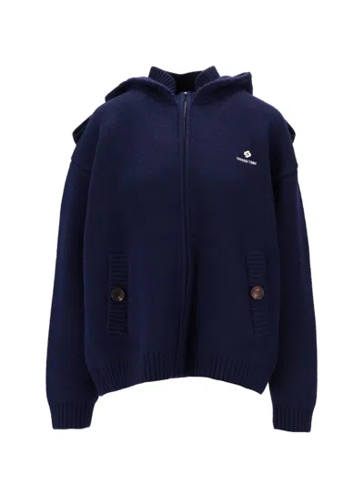 Shushu Double Collar Zip-up Knit Jacket In Blue