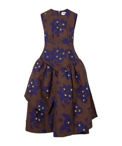 Shushu-tong Asymmetric Embellished Gathered Printed Taffeta Dress In Brown