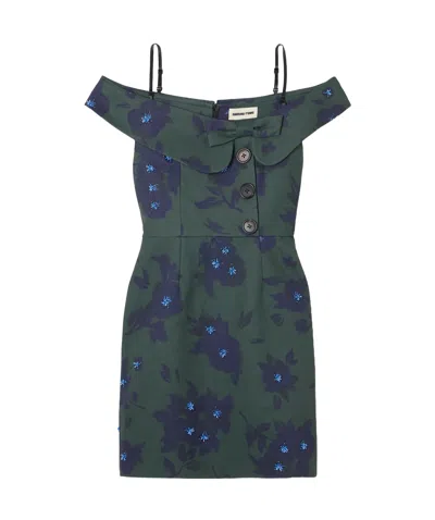 Shushu-tong Asymmetric Off-the-shoulder Embellished Floral-print Cotton Mini Dress In Green