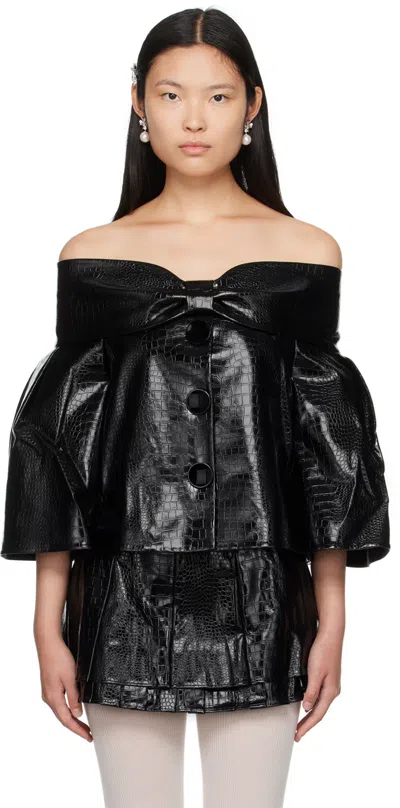 Shushu-tong Black Bow Faux-leather Blouse In Ba100 Black