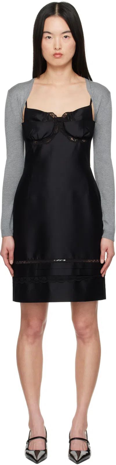 Shushu-tong Black Double-bodice Bow Sling Midi Dres In Ba100 Black