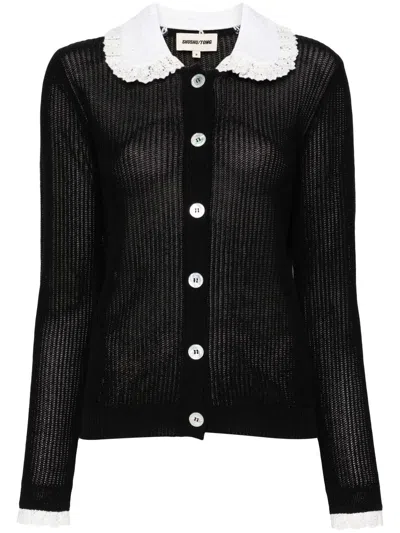 Shushu-tong Black Lace-trim Ribbed-knit Cardigan