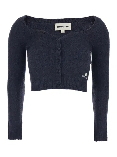 Shushu-tong Blue Cardigan With Wide Round Neck And Logo Embroidery On The Front In Wool Blend Woman