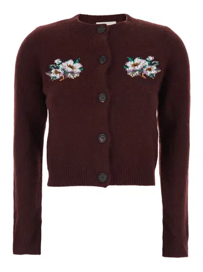 SHUSHU-TONG BORDEAUX CREWNECK CARDIGAN WITH BEADED EMBROIDERY ON THE FRONT IN WOOL BLEND WOMAN