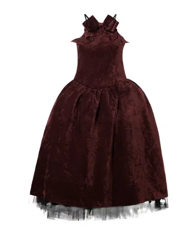 Shushu-tong Bow-embellished Crushed-velvet Midi Dress In Burgundy