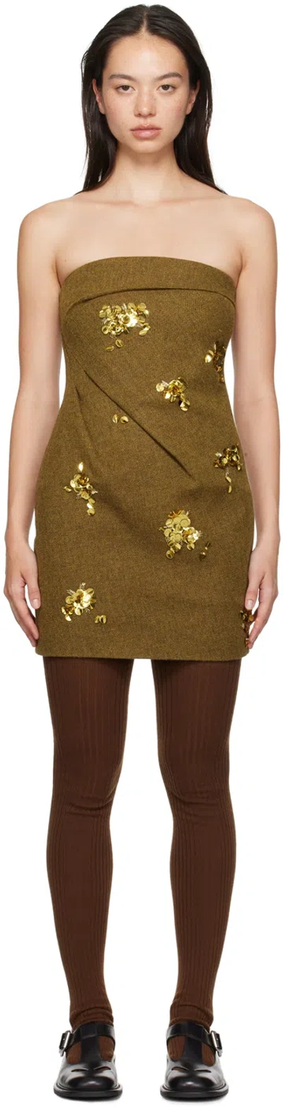 Shushu-tong Brown Bow Pintuck Pleated Minidress In By100 Brown Yellow