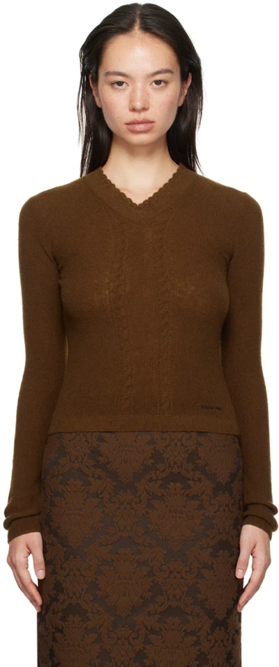 Shushu-tong Brown Lace-trimmed V-neck Sweater In Ca100 Caramel