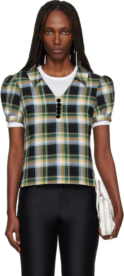 Shushu-tong Green Notched Lapel Puff Sleeve Blouse In Multi