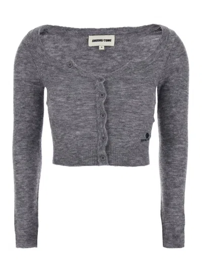 Shushu-tong Grey Cardigan With Wide Round Neck And Logo Embroidery On The Front In Wool Blend Woman In Gray