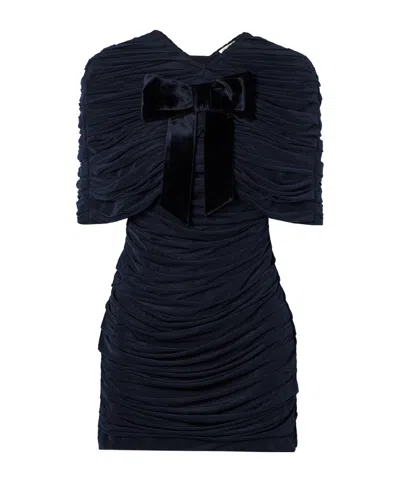 Shushu-tong Bow-embellished Velvet-trimmed Gathered Jersey Mini Dress In Blue