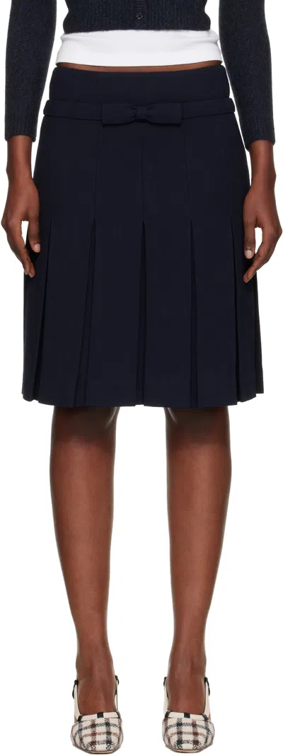Shushu-tong Navy Bow Waist Pleated Midi Skirt In Blue