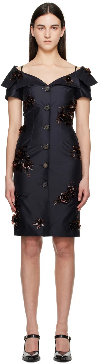 SHUSHU-TONG NAVY OFF-SHOULDER LAPEL SLIM MIDI DRESS
