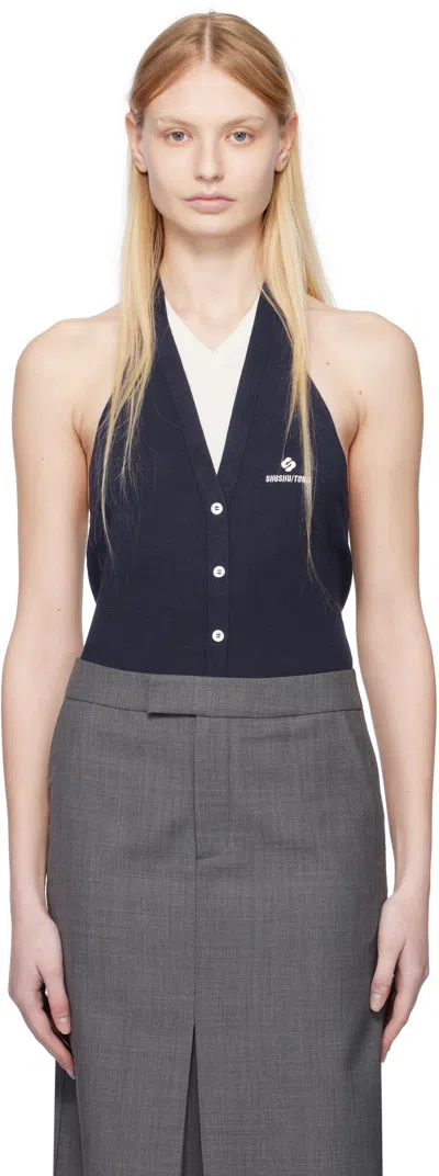 Shushu-tong Navy Patchwork Halter-neck Knit Top In Na100 Navy Blue