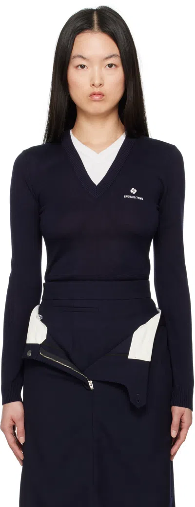 Shushu-tong Navy Patchwork V-neck Knit Sweater In Na100 Navy Blue