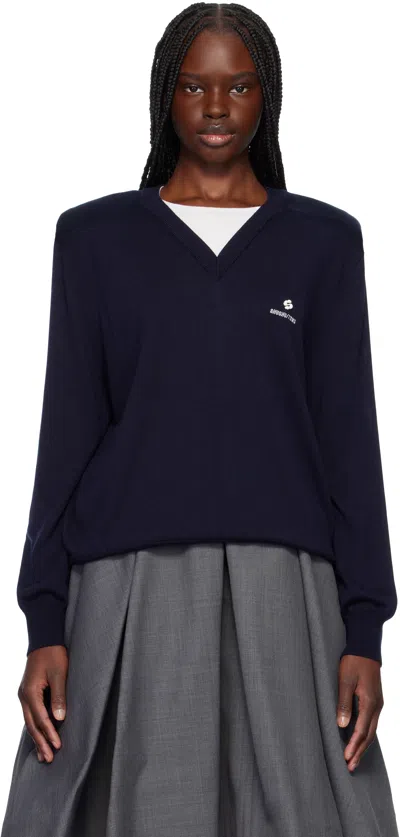 Shushu-tong Navy Shoulder Pad Knit Sweater In Navy Blue