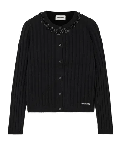Shushu-tong Embellished Embroidered Ribbed Wool-blend Cardigan In Black