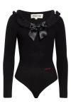Shushu-tong Black Bodysuit With Decorated Neckline And Front Logo In Wool Blend Woman In Black