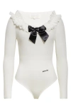 Shushu-tong White Bodysuit With Decorated Neckline And Front Logo In Wool Blend Woman