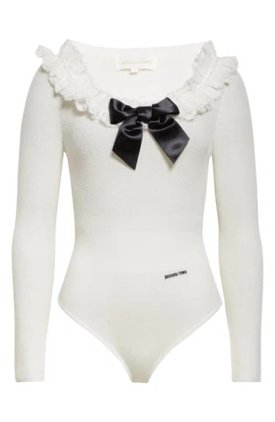 Shushu-tong White Bodysuit With Decorated Neckline And Front Logo In Wool Blend Woman