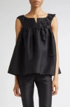Shushu-tong Shushu/tong Fluffy Notched Floral Appliqué Satin Babydoll Top In Black