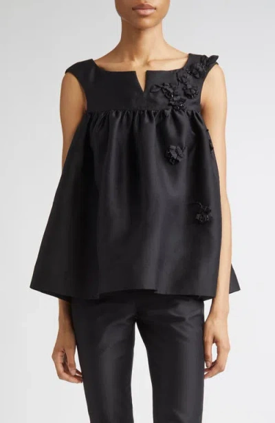 Shushu-tong Shushu/tong Fluffy Notched Floral Appliqué Satin Babydoll Top In Black