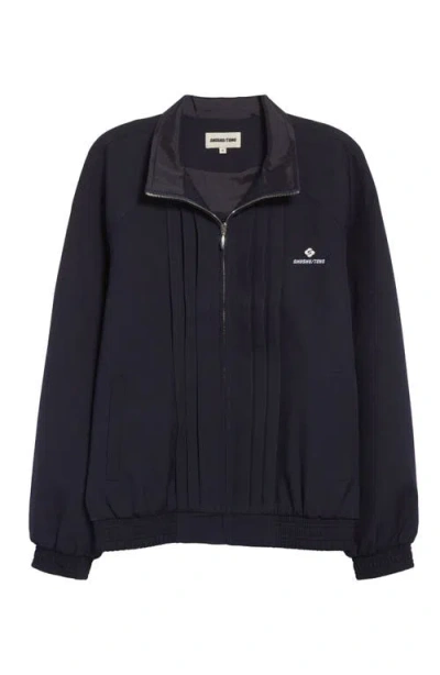 Shushu-tong Shushu/tong Tucker Logo Stitch Pleated Wool & Silk Zip Jacket In Navy Blue