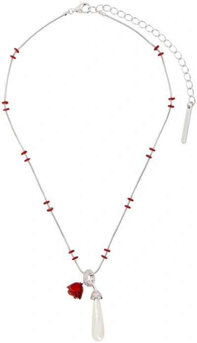 Shushu-tong Silver & Red Pearl Drop Sleeping Rose Necklace