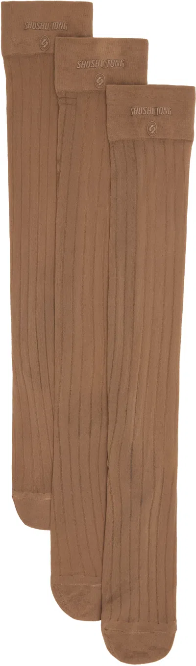Shushu-tong Three-pack Tan Knitted Mid-calf Socks In Be100 Beige
