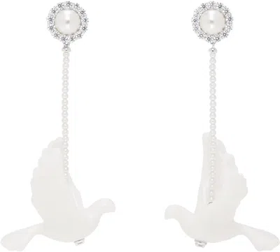 Shushu-tong White & Silver Yvmin Edition Ceramic Pigeon Pearl Tassel Earrings