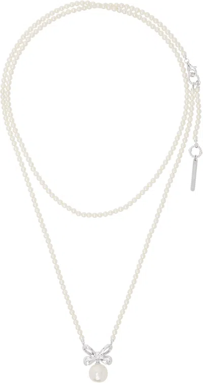 Shushu-tong White & Silver Zirconia Butterfly Flower Pearl Long Necklace