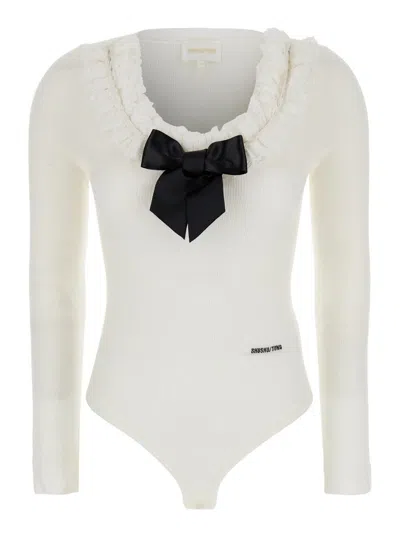 Shushu-tong White Bodysuit With Decorated Neckline And Front Logo