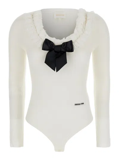 Shushu-tong White Bodysuit With Decorated Neckline And Front Logo In Wool Blend Woman