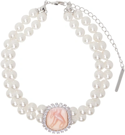Shushu-tong White Embossed Double Layer Pearl Chain Necklace In 白色