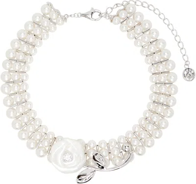 Shushu-tong White Yvmin Edition Ceramics Rose Layers Pearl Necklace In Silver
