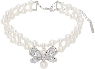 Shushu-tong White Zirconia Butterfly Flower Braided Pearl Necklace