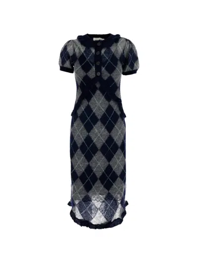 Shushu-tong Argyle-knit Ruffled-trim Midi Dress In Multi
