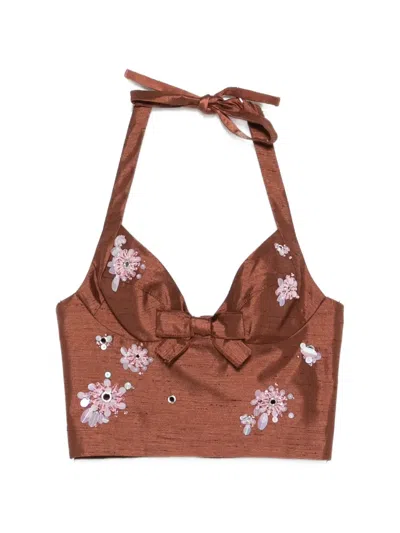 Shushu-tong Bead-embellished Bow-detail Top In Brown