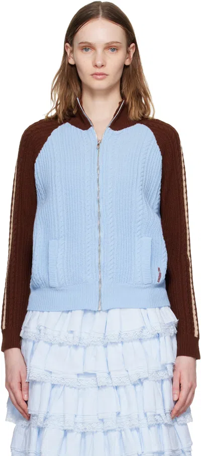 Shushu-tong Blue & Brown Color-block Raglan Sleeve Knit Cardigan