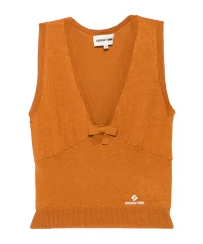Shushu-tong Bow-detail Knitted Tank Top In Brown