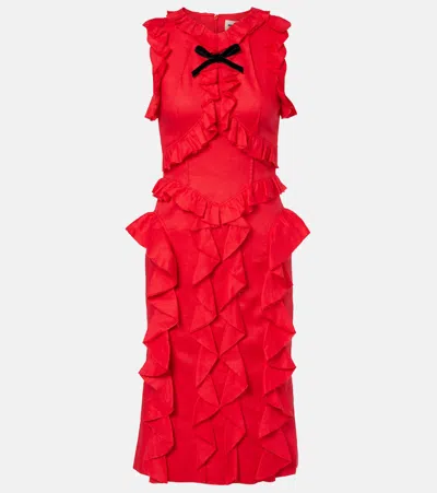Shushu-tong Bow-detail Ruffled Linen Midi Dress In Red