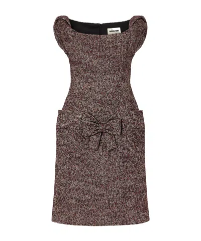 Shushu-tong Bow-detailed Wool-blend Herringbone Midi Dress In Burgundy